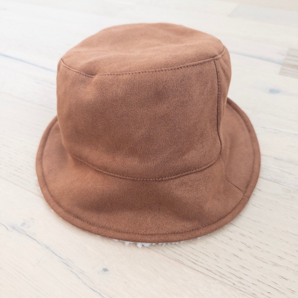 Y2K Womens Sherpa Lined‎ Bucket Hat OS Brown Faux Suede 2000s Cozy David Young - Picture 2 of 7